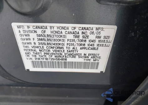 2005 Honda Pilot Ex-L from USA, damaged, VIN 2HKYF18735H564616